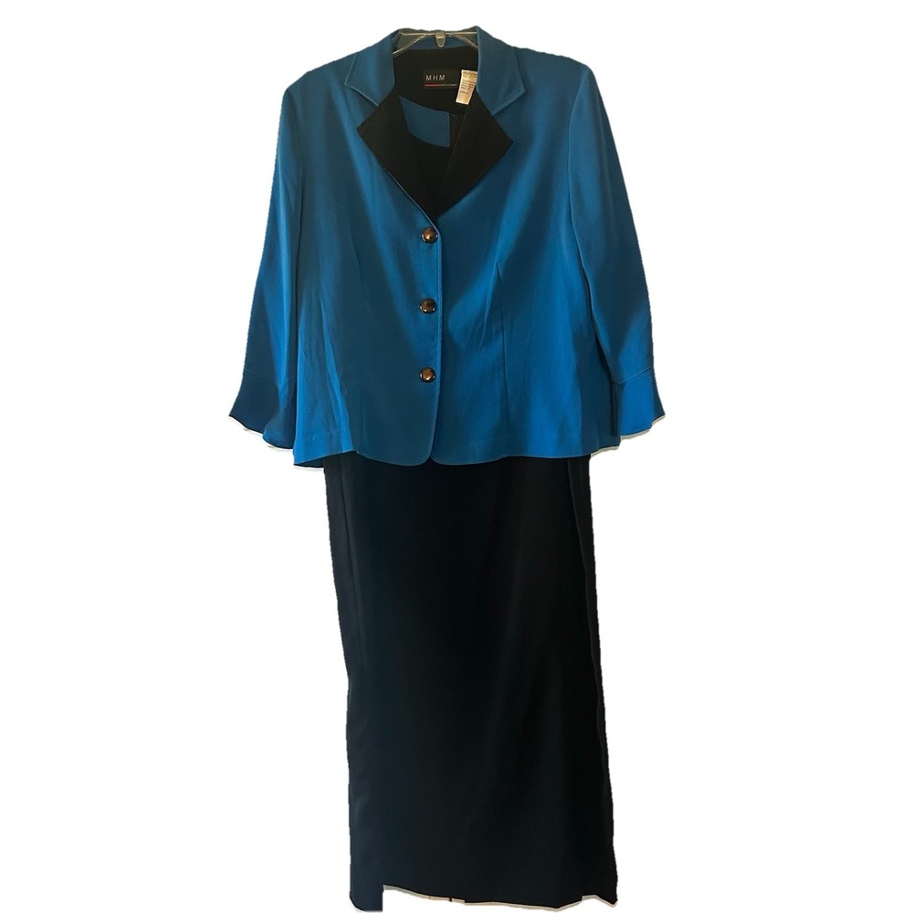 Women 2 Pc Black Dress Blue Jacket by M.H.M. Melissa Harper  Size 14 Vintage 80s